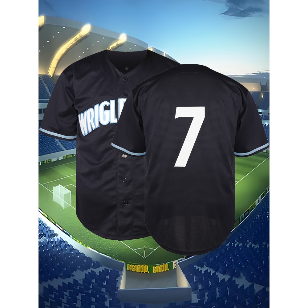 Men'S Black # 7 Baseball Shirt, Classic Letter Embroidery Design, Breathable Button Style Short Sleeved Shirt, Suitable For Training And Games, SizS--XXXL