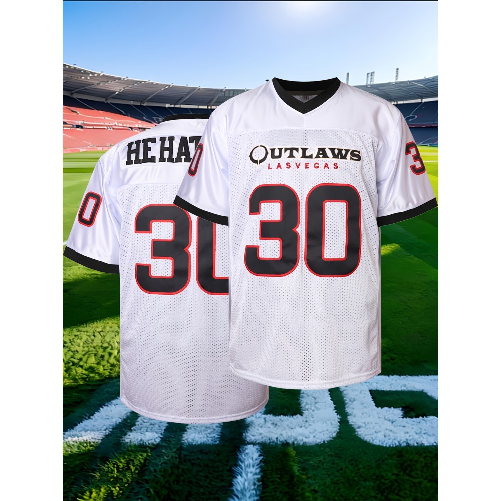 Men's #30 White American Football Jersey - V-Neck, 