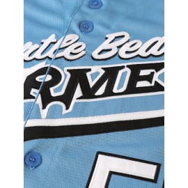 Men'S #55 Embroidered V-Neck Baseball Shirt, Polyester Knit Fabric, Loose Fit, Button Closure, Casual Sports Top for Team Sports, Fishing, Hiking, Running, Cycling - Perfect for Parties, Beach, Summer Events - Sizes S-XXXL