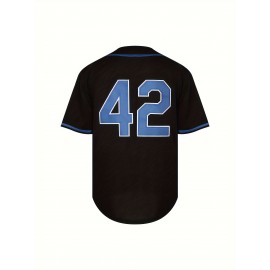 Men'S #42 Letter Embroidery Short Sleeve V-neck Loose Button Up Shirt, Men'S Summer Retro Casual Baseball Jersey, Party And Festival