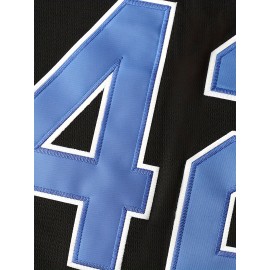 Men'S #42 Letter Embroidery Short Sleeve V-neck Loose Button Up Shirt, Men'S Summer Retro Casual Baseball Jersey, Party And Festival