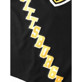 Men's #87 Black & Yellow Ice Hockey Jersey - Embroidered, Breathable Polyester, V-Neck Captain's Sweatshirt for Sports, Casual Streetwear, Machine Washable