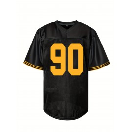 Men's Black #90 Breathable Polyester Rugby Shirt - V-Neck Embroidered American Football Jersey, Loose Fit All-Season Training Top for Hiking, Outdoor & Casual Wear, Embroidered Detailing