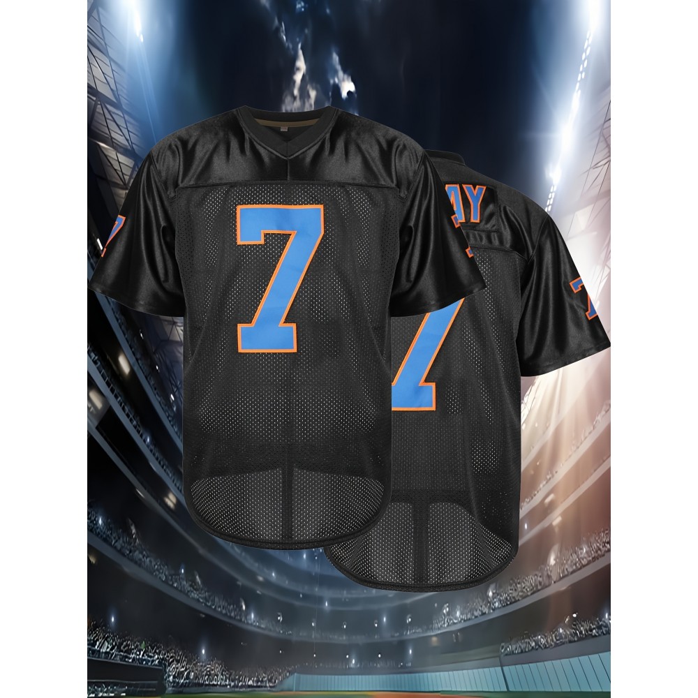 Men's #7 NYC Rugby Jersey - Breathable & Comfortable V-Neck Sports Shirt for Training, Casual Wear & Outdoor Activities, Sizes S-3XL, Black with Orange & Blue Accents