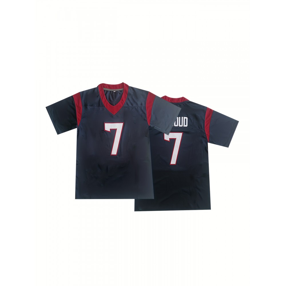 Men'S Blue #7 Rugby Shirt, Breathable V-Neck Short Sleeve Training Top, Classic Embroidered American Football Jersey, Polyester Knit, Sports Casual, Running, Training, Hiking, Outdoor, Party, Loose Fit, Adult & Youth Unisex