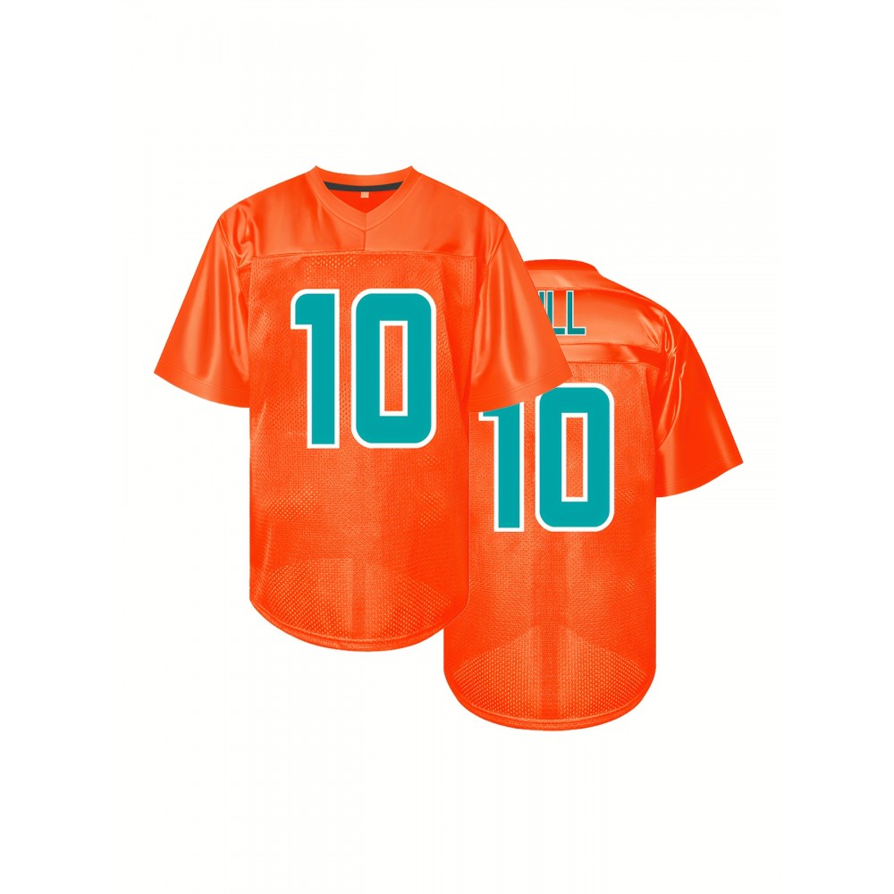 Men'S Orange #10 Polyester Rugby Shirt, Breathable V-Neck Short Sleeve Training Top, Classic Embroidered American Football Jersey, Sports Casual Wear for Adults, Teens, and All Genders