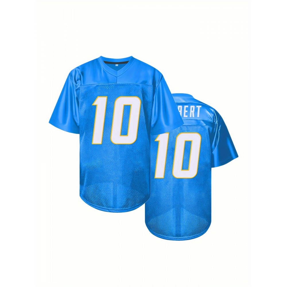 Men's Blue #10 Breathable Polyester Rugby Shirt - Embroidered V-Neck Short Sleeve Jersey, Loose Fit All-Season Training Top for American Football, Casual & Outdoor Sports (Adults & Teens)