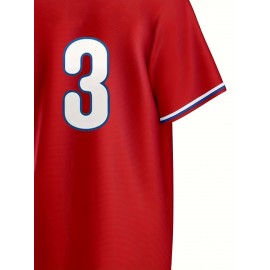 Men'S Retro PHILADELPHIA #3 Embroidery Design Short Sleeve V-neck Loose Button Up Shirt, Men'S Summer Baseball Jersey