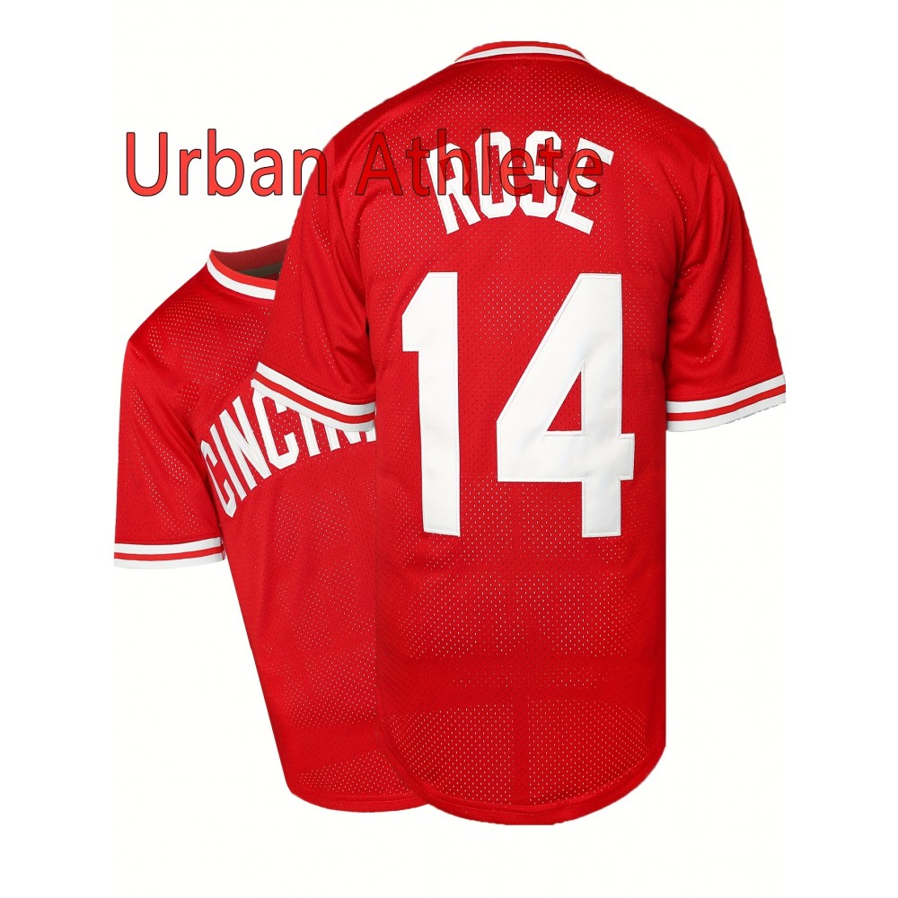 Men's Baseball Jersey #14 with Embroidered Lettering & Number - Red V-Neck Stretch Polyester, Regular Fit All-Season Sportswear for Team Sports, Game Day & Outdoor Activities