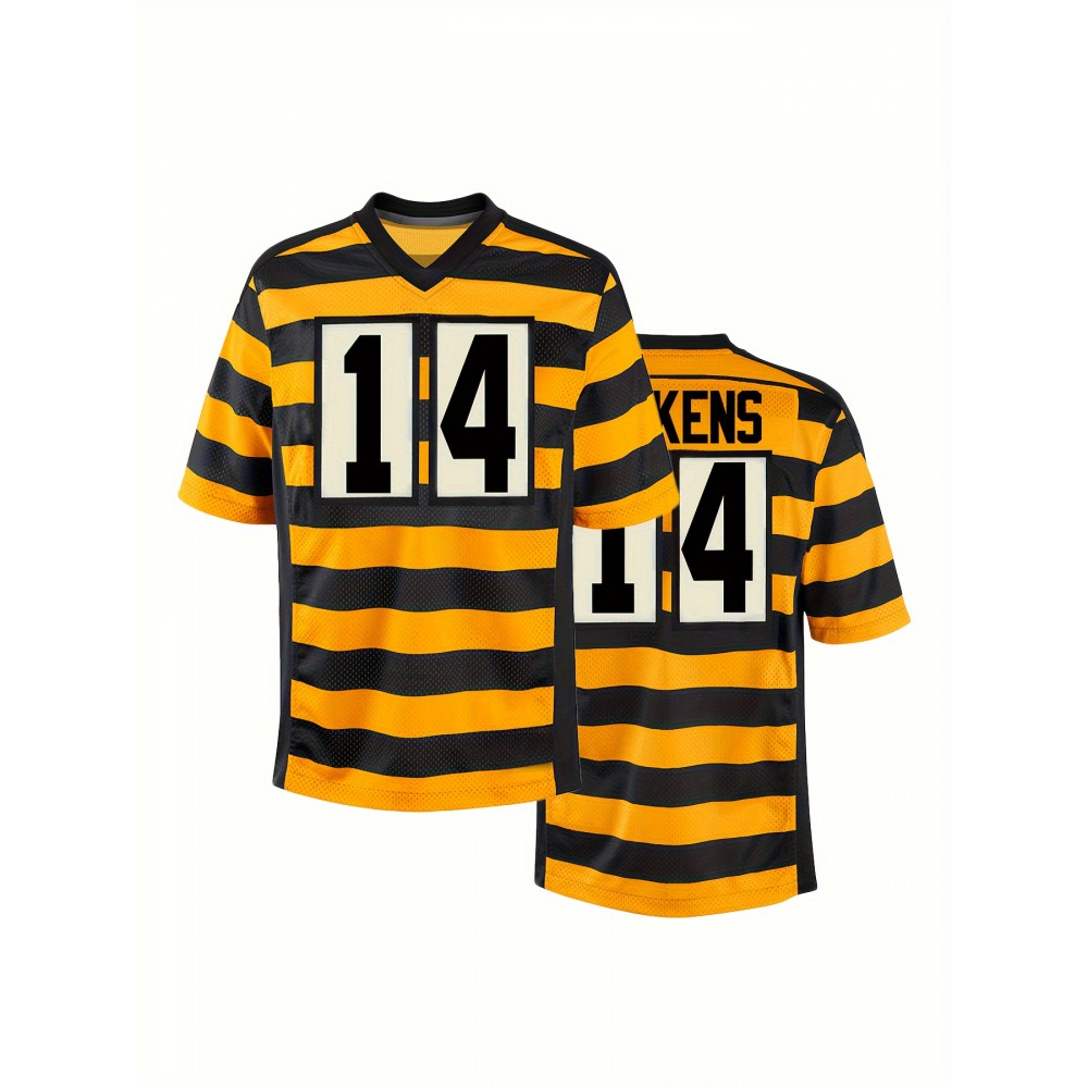 Men's Yellow #14 Rugby Shirt - Breathable V-Neck Short Sleeve with Embroidered Lettering, 100% Polyester Loose Fit Training & Casual Shirt for All Seasons, Outdoor Activities, Parties - Machine Washable