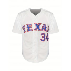 1pc Men'S Embroidered Texas 34 Baseball Jersey - Polyester V-Neck Sports Top with Slight Stretch, Knit Fabric, Button Closure - Versatile for Casual, Festive, Party, Sports Events - Loose Fit for Adults