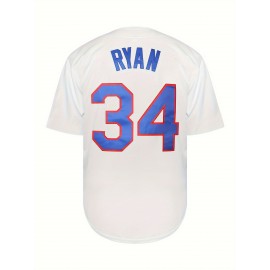 1pc Men'S Embroidered Texas 34 Baseball Jersey - Polyester V-Neck Sports Top with Slight Stretch, Knit Fabric, Button Closure - Versatile for Casual, Festive, Party, Sports Events - Loose Fit for Adults