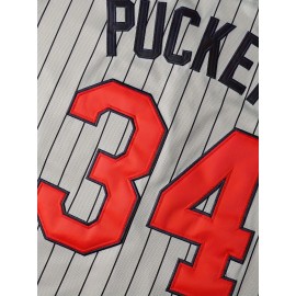 Retro Style Men's Baseball Jersey with Stripes, Breathable Polyester Button-Up Uniform with Embroidered 34 Number, Short Sleeve V-Neck Sports Top for Training, Parties, And Casual Wear