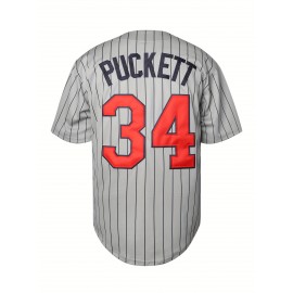 Retro Style Men's Baseball Jersey with Stripes, Breathable Polyester Button-Up Uniform with Embroidered 34 Number, Short Sleeve V-Neck Sports Top for Training, Parties, And Casual Wear