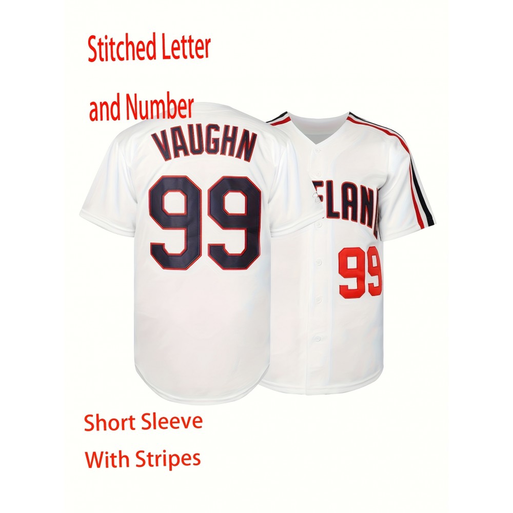 #99 White Jersey Men'S Embroidery Stitched Short Sleeve V Neck Loose Button Up Shirt, Men'S Baseball Jersey, Summer Party And Street