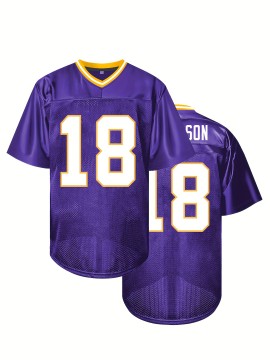 Men's #18 Purple American Football Jersey - Embroidered Lettering & Number, V-Neck Loose Fit, Polyester Retro Sportswear for Games, Training, Casual Wear | All-Season Comfort, Machine Washable, Training Apparel, Durable Sportswear, Embroidered Detailing