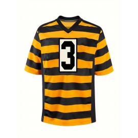 Men'S Polyester #3 Athletic Jersey - V-Neck Short Sleeve Rugby Shirt, Embroidered Striped Sportswear for Running, Training, Hiking, Outdoor Activities - Universal Fit for Adults & Teens