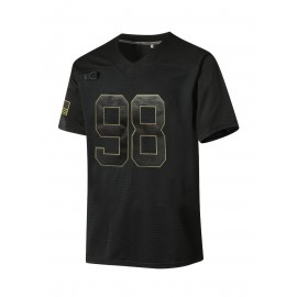 Men's Black #98 Breathable Rugby Jersey - V-Neck Short Sleeve, Classic Embroidered American Football Shirt with Distressed Golden Lettering, Loose Fit for Training, Outdoor Activities & Casual Wear, Durable Sportswear, Athletic Fabric