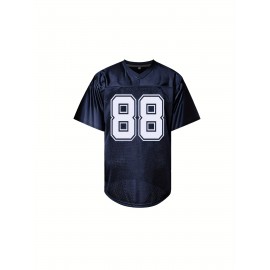 Men's Deep Blue #88 Embroidered Rugby Shirt - Breathable Polyester V-Neck Jersey, Loose Fit Stretch Knit for All-Season Training, Casual & Outdoor Activities - Machine Washable for Adults & Teens, Sports Training Gear, Durable Sports Apparel