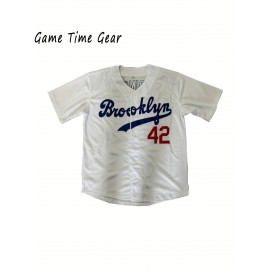 42 White Baseball Jersey Embroidered Men'S Polyester V-neck Button Up Baseball Shirt S-3XL