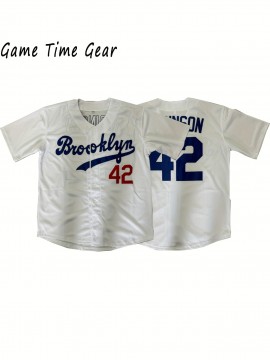 42 White Baseball Jersey Embroidered Men'S Polyester V-neck Button Up Baseball Shirt S-3XL