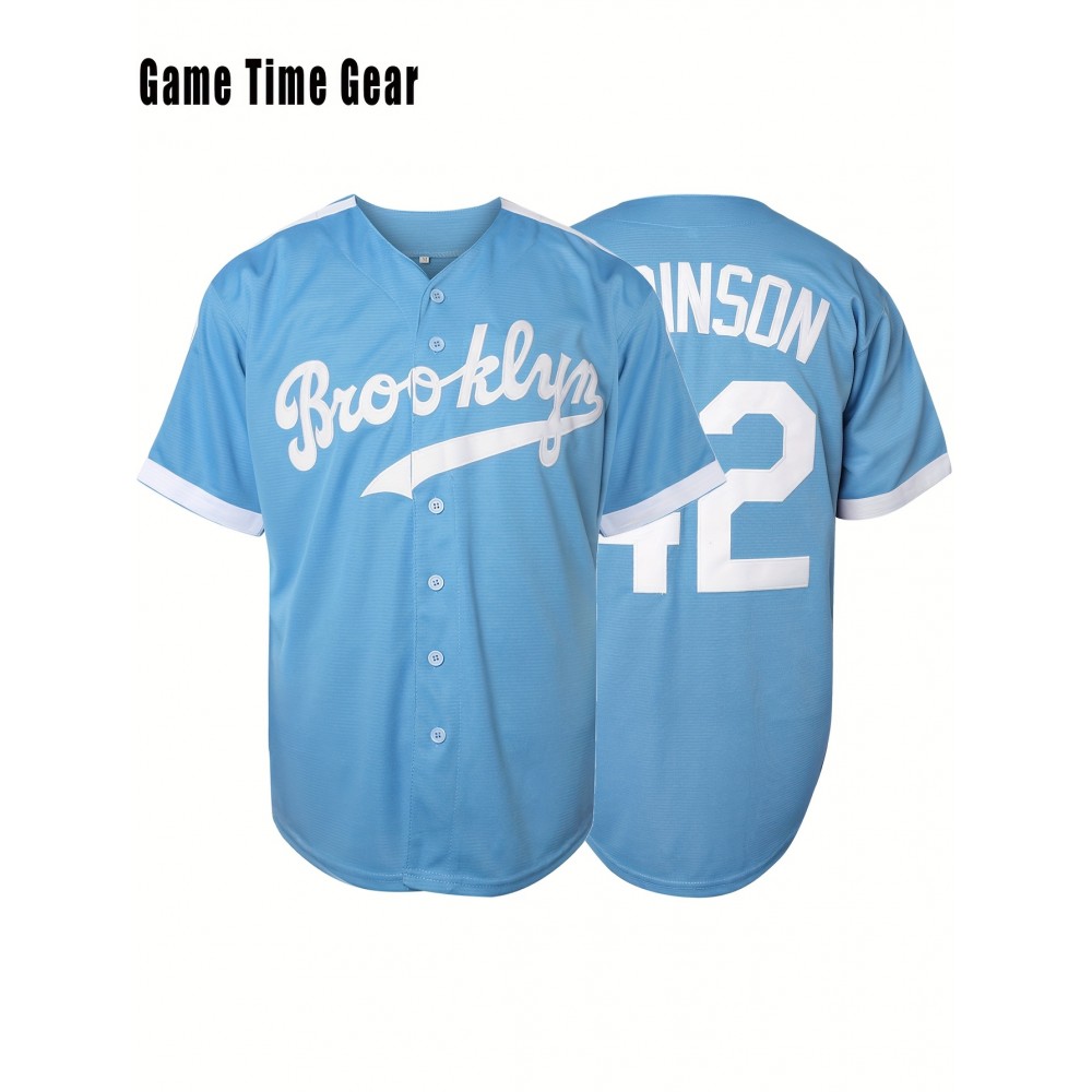 Men'S # 42 Blue Baseball Jersey V-neck Polyester Sports Top With Slight Elasticity, Loose Fit, Buckle Design, Letter And Number Patterns, Breathable And Comfortable, Suitable For Training, Leisure, Beach S-3XL