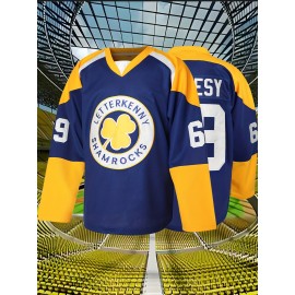 1pc Men'S Ice Hockey Jersey - Polyester V-Neck Long Sleeve Top with Embroidered Lettering, Breathable Knit Fabric, Sports & Casual Wear, Sizes S-3XL