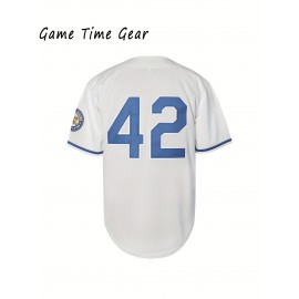 Men'S # 42 Embroidered Polyester Sweatshirt Loose V-neck Button With Slight Elasticity Knitted Fabric Men'S Color Block Design Size S-3XL