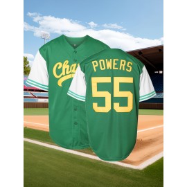 Men'S #55 Embroidered V-Neck Baseball Shirt, Polyester Knit Fabric, Loose Fit, Button Closure, Casual Sports Top for Team Sports, Fishing, Hiking, Running, Cycling - Perfect for Parties, Beach, Summer Events - Sizes S-XXXL