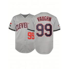 1pc Cleveland Sports Men's Baseball Jersey - V-Neck Loose Fit Polyester Knit Top with VAUGHN 99 Design, Red & Blue Accents, All-Season Casual & Festive Wear for Baseball, Parties, Outdoor Activities, Sports Apparel, Sporty Vneck Style, Detailing